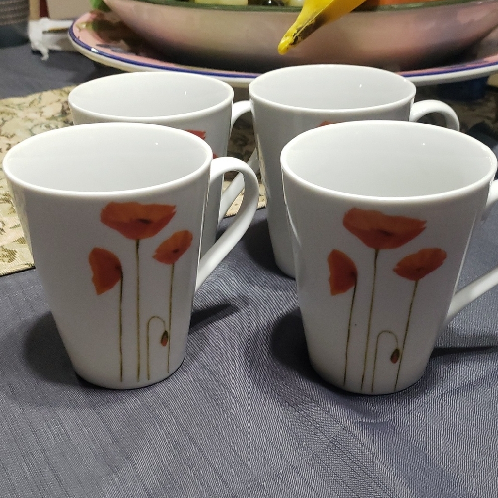 SONATA Brilliant Fine China Floral White and Red Mug Set × 5